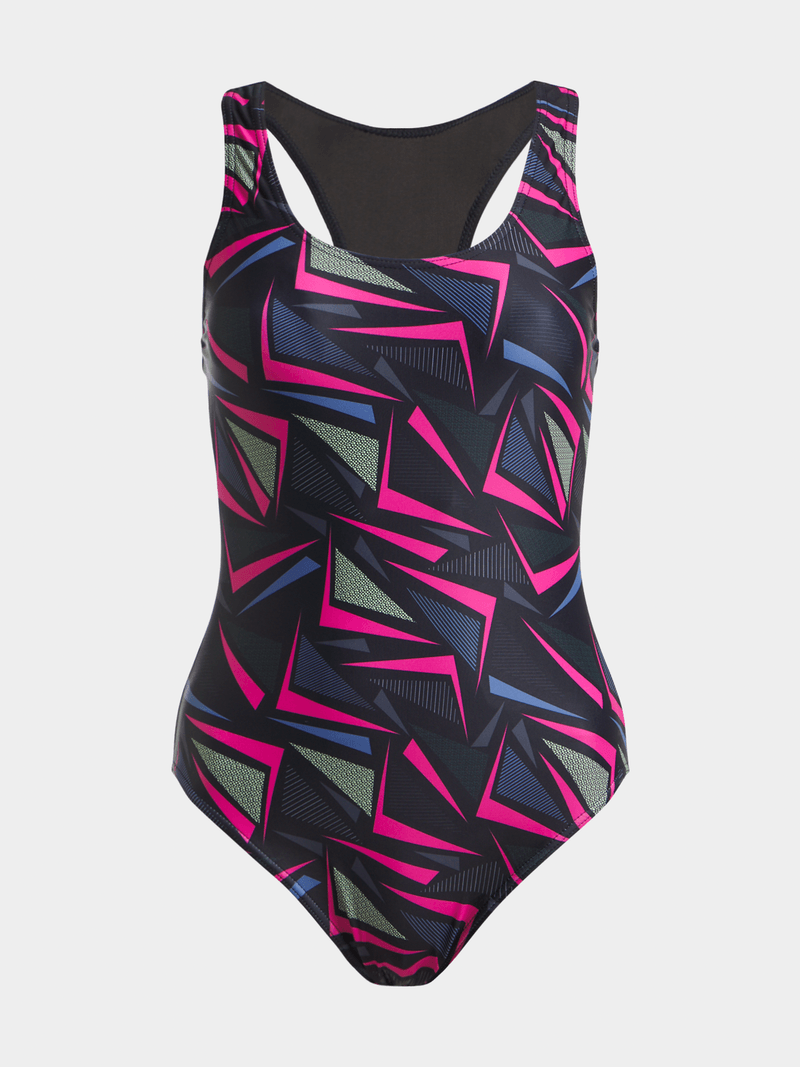 Women&#39;s Geo All-Over Print Racerback Swimsuit - Vibrant Multi-Color Athletic One-Piece