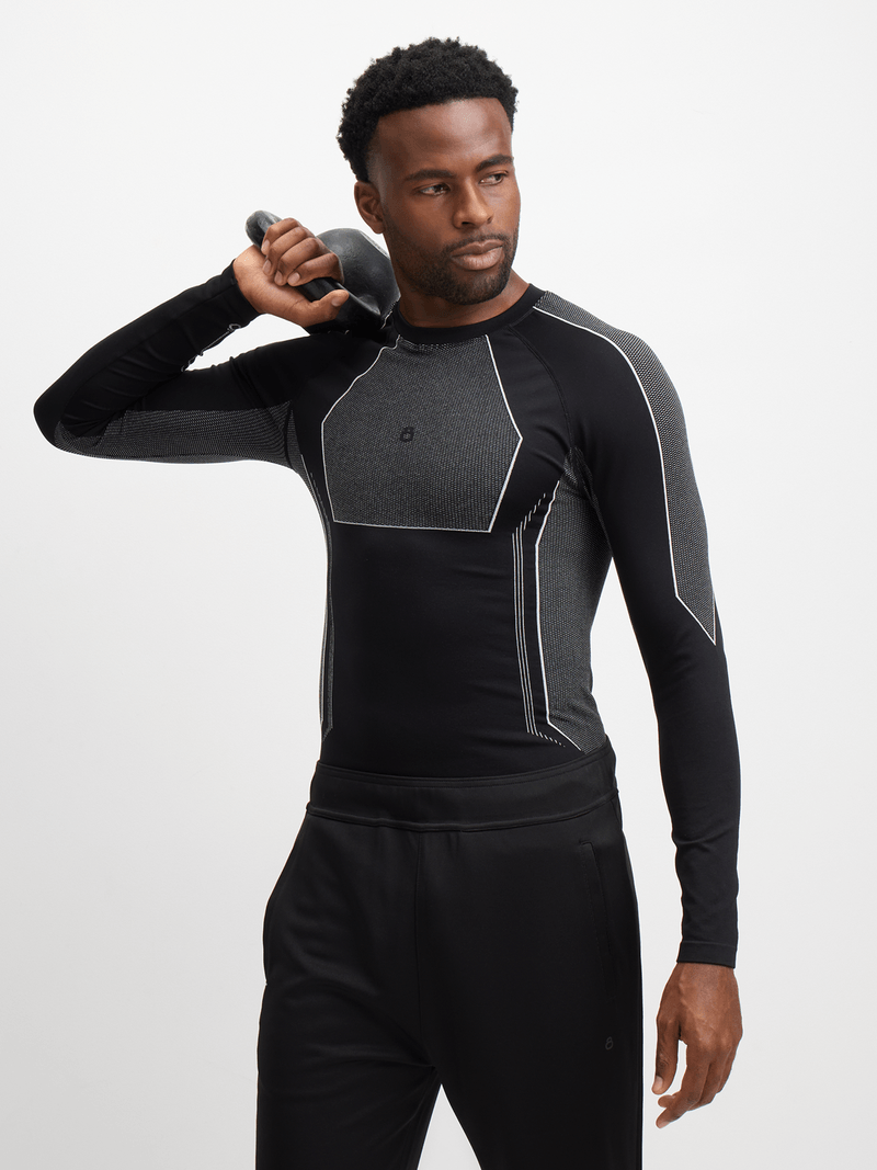 Men&#39;s Black Long Sleeve Compression Base Layer – Breathable, Seamless Athletic Performance Top