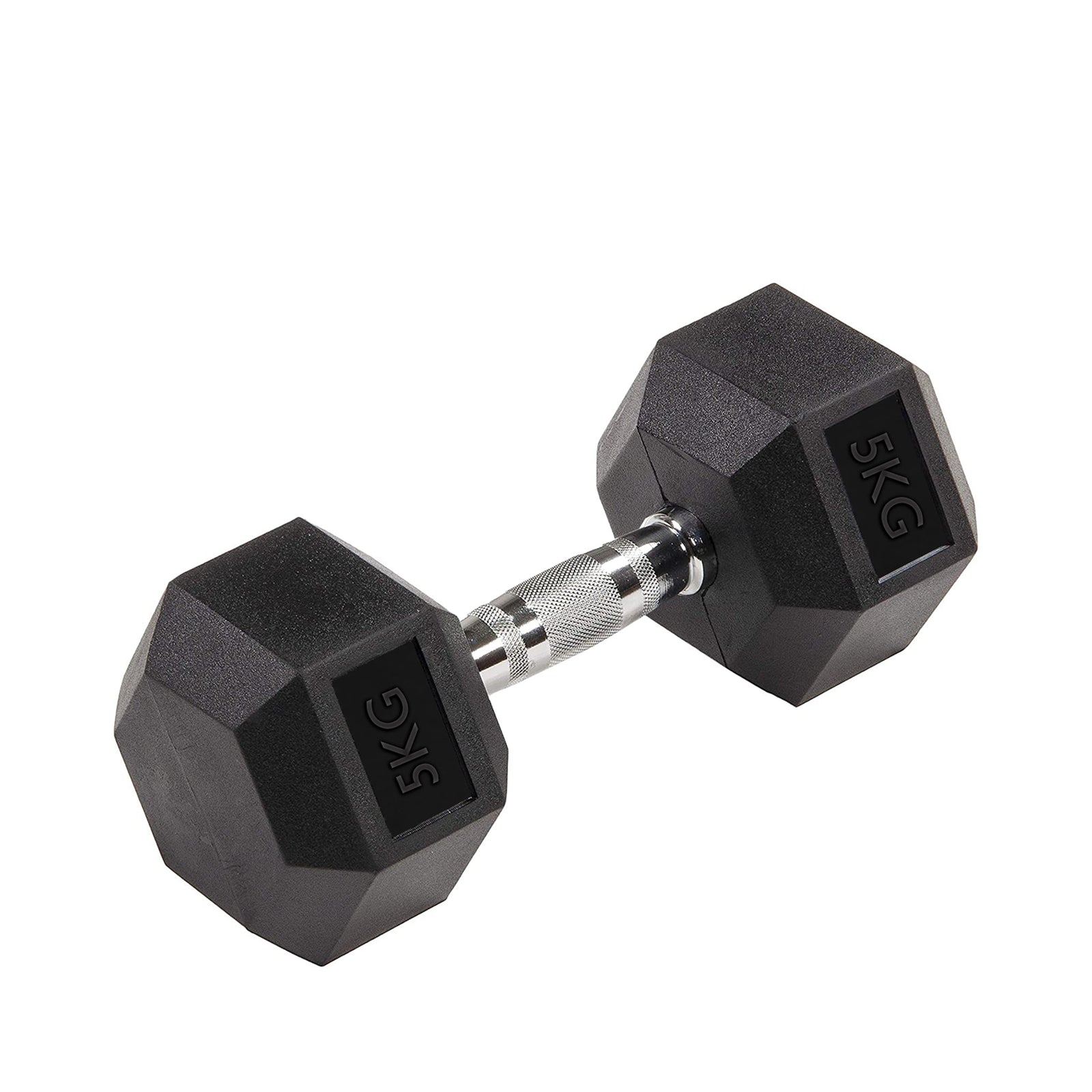 A pair of black 5KG rubber hex dumbbells with contoured handles.