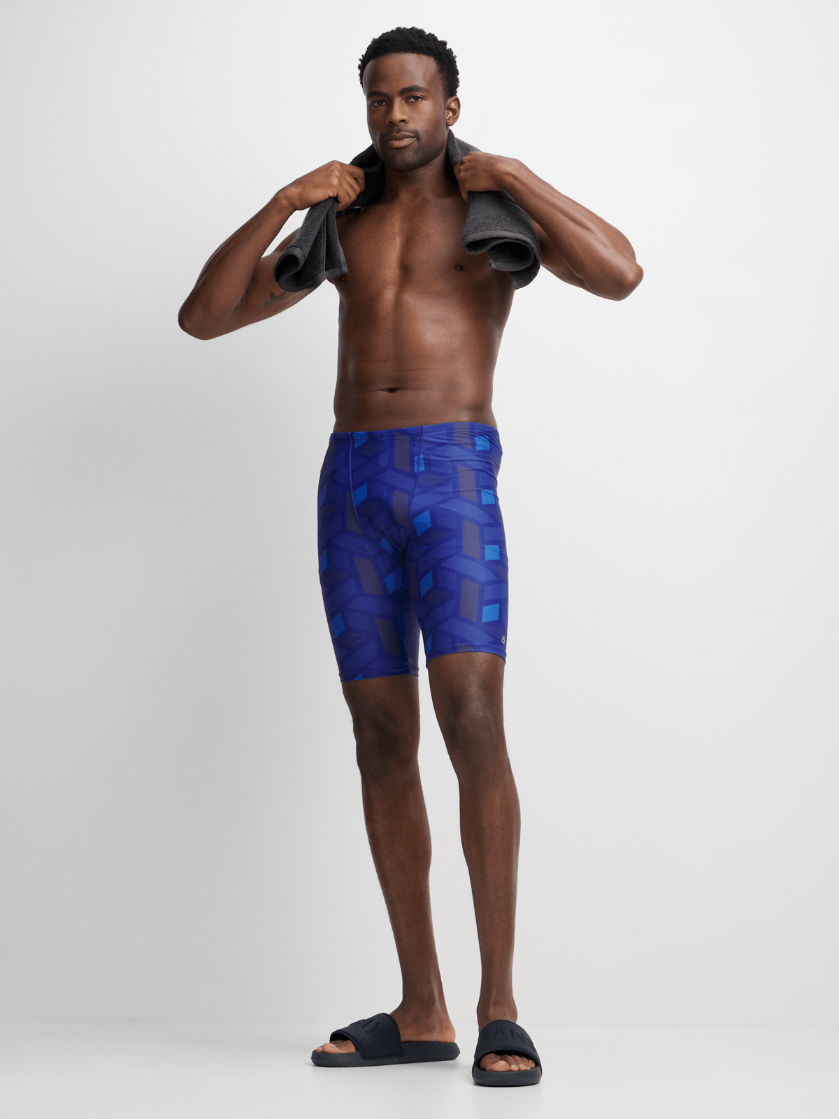 Men&#39;s TS KB Geometric Print Performance Swim Jammer – Navy Blue Durable Swimwear
