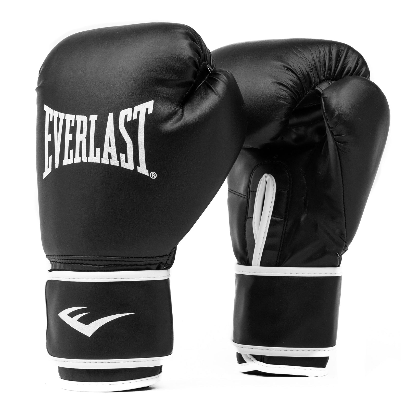 A pair of black Everlast core training gloves with brand logo on the cuffs, designed for boxing and other martial arts.