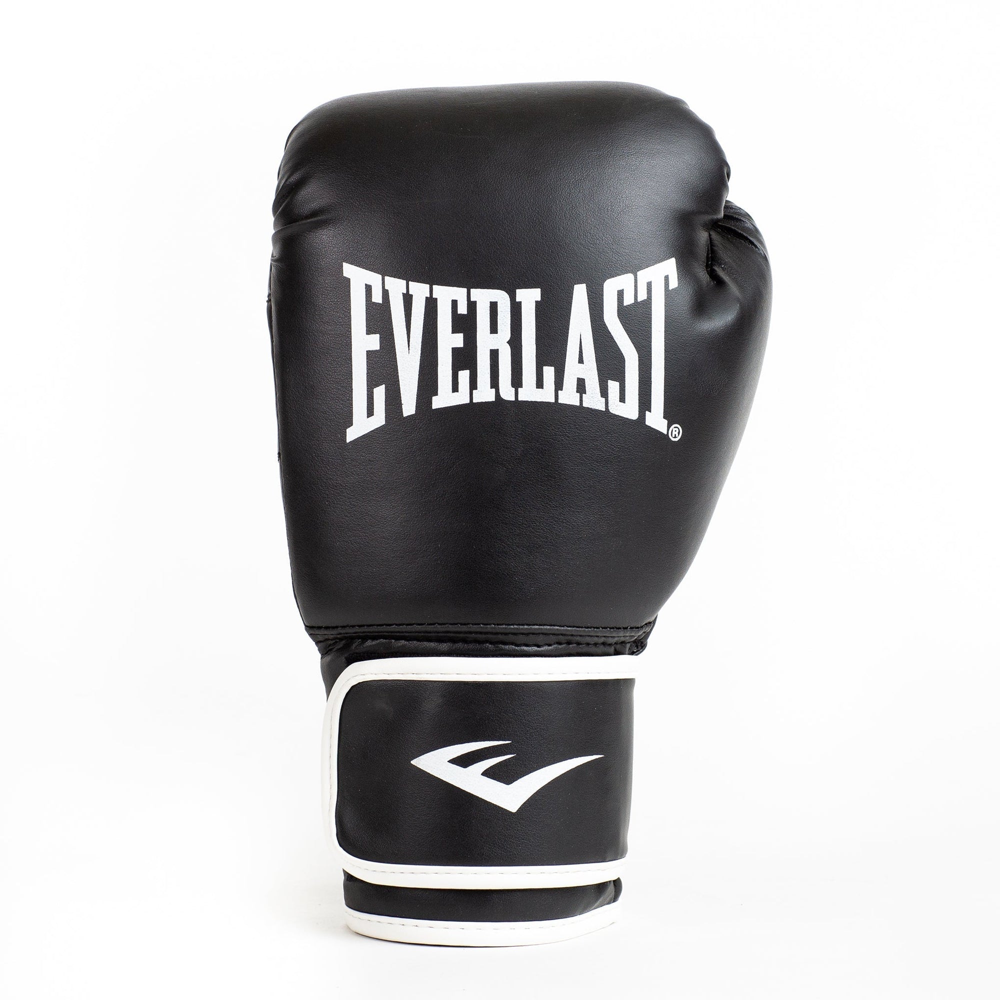 A pair of black Everlast core training gloves with brand logo on the cuffs, designed for boxing and other martial arts.