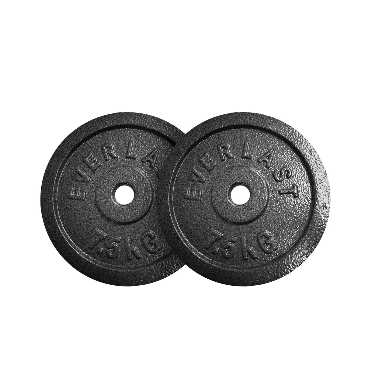 Two black cast iron weight plates with &#39;Everlast&#39; branding and a weight indication of 7.5KG on them.