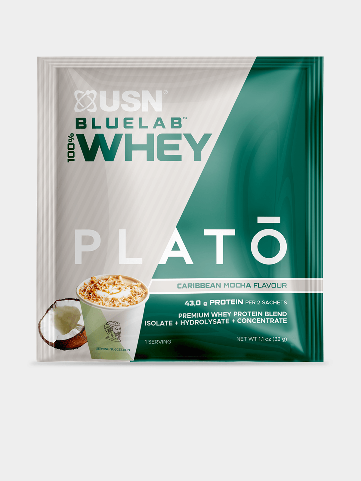 USN X Plato 100% Whey Caribbean Mocha Protein Sachet 1.1 oz