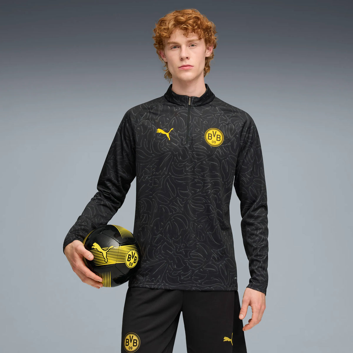 Puma BVB Warm Up 1/4 Zip Top Black-Yellow Sizzle